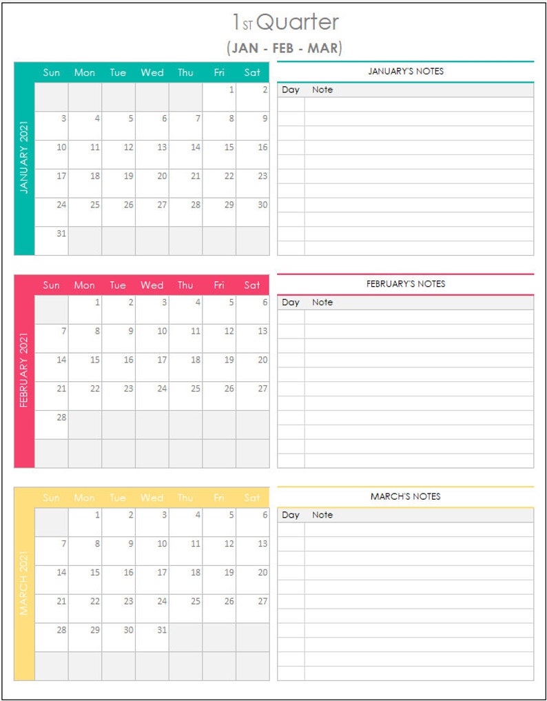 Quarterly Calendar 2021 Excel Template Planner Spreadsheet | Etsy