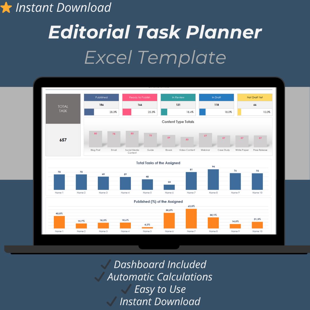 Editorial Task Planner Excel Template | Content Calendar, Planner ...
