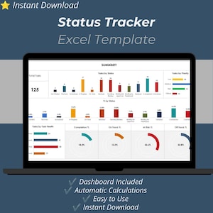 May include: A digital status tracker Excel template displayed on a laptop screen. The dashboard features colorful bar charts, donut charts, and summary metrics for tasks by status, priority, and health, including text labels like Summary and Total Tasks.