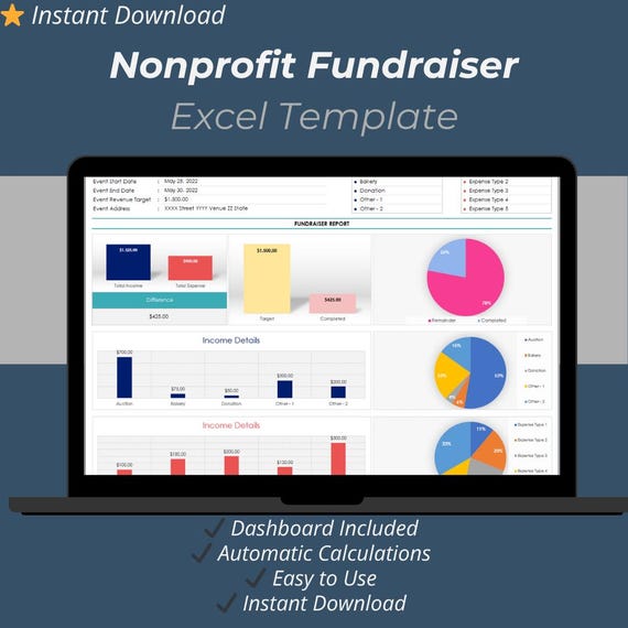 Nonprofit Fundraiser Excel Template | Charity Event Income & Expense Tracker Spreadsheet