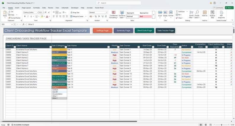 Onboarding workflow sheet with stages from discovery to follow-up