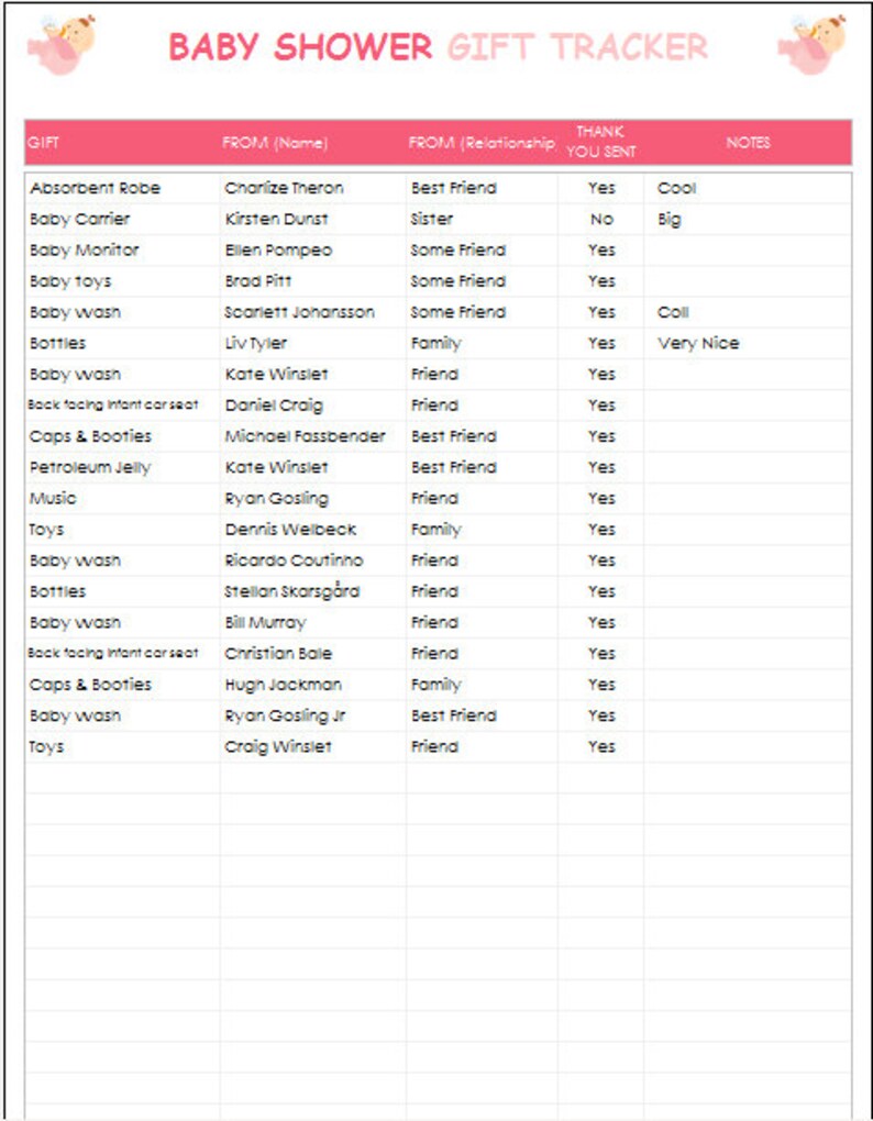 Baby Shower Planner Excel Template Baby Shower Tracker Etsy