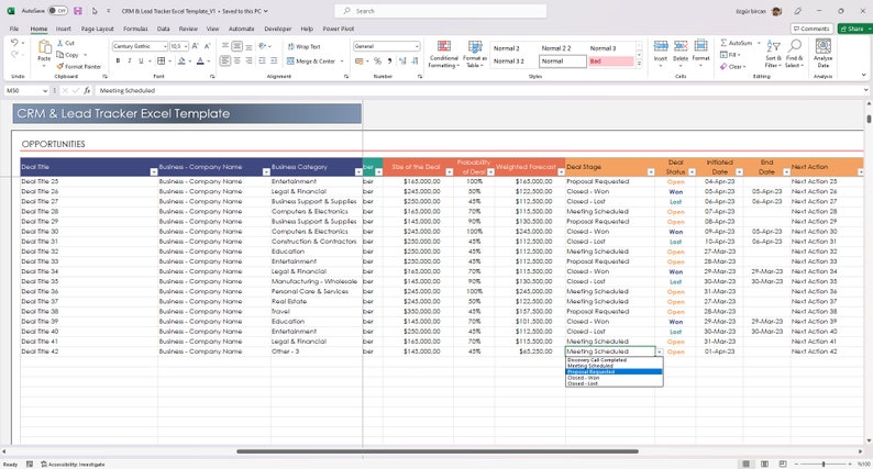 CRM Excel dashboard template for tracking clients and sales leads
