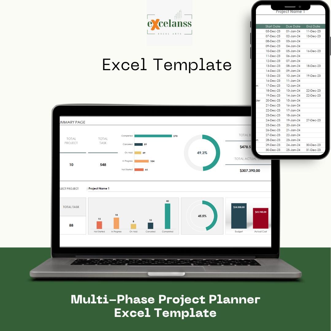 Multi-phase Project Planner Excel Template – Track 10 Projects, Goals ...