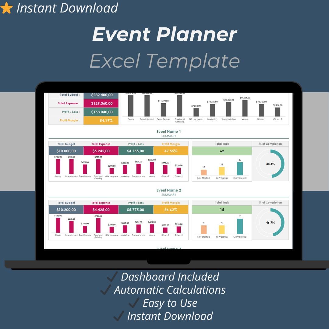 Event Planner Excel Template | Budget & Task Tracker for 25 Events ...