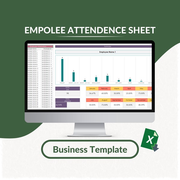 Employee Attendance Sheet Excel Template (1-100 Employees) | Monthly Employee Attendance  | Employee Planner Worksheet | Fillable Sheet