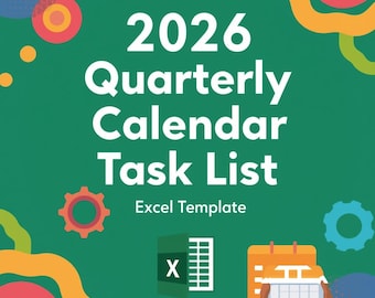 2026 Quarterly Calendar Task List Excel Template: 4 Page Planner & Organizer