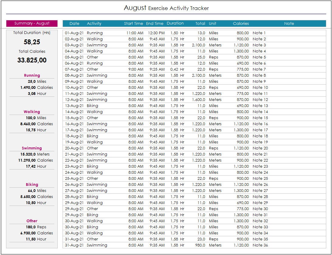 Exercise Activity Tracker Excel Template Workout Log Etsy UK