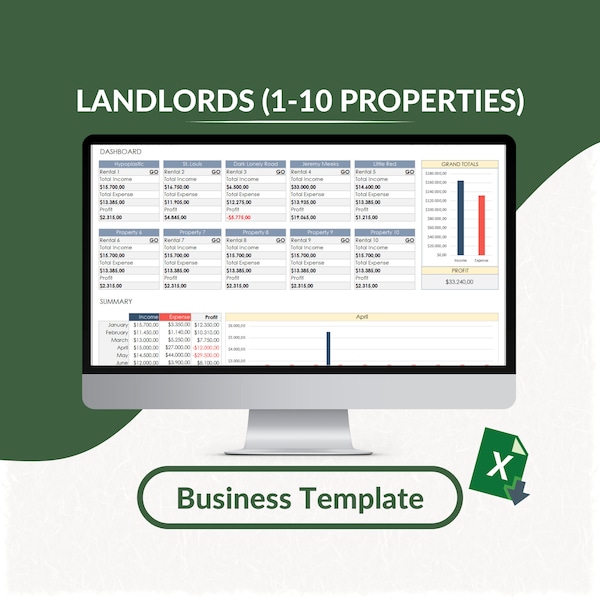 Landlords Excel Template (1-10 Properties) | Rental Income and Expense Tracker | Rental Property Income & Expense | Fillable Sheet