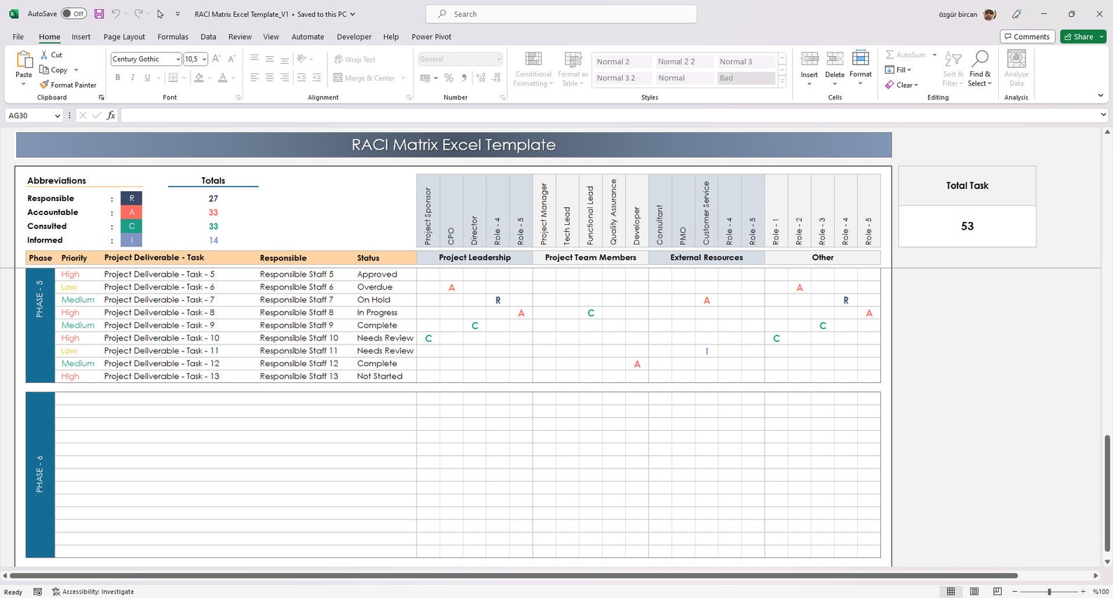 RACI Matrix Excel Template | Project Responsibility Matrix & Task ...