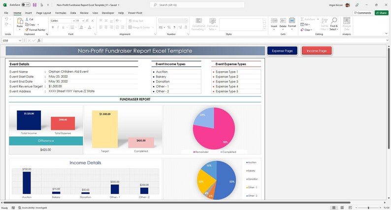 Planilha do Excel para Captação de Recursos de Organizações Sem Fins Lucrativos | Controle de Receitas e Despesas de Eventos Beneficentes imagem 2