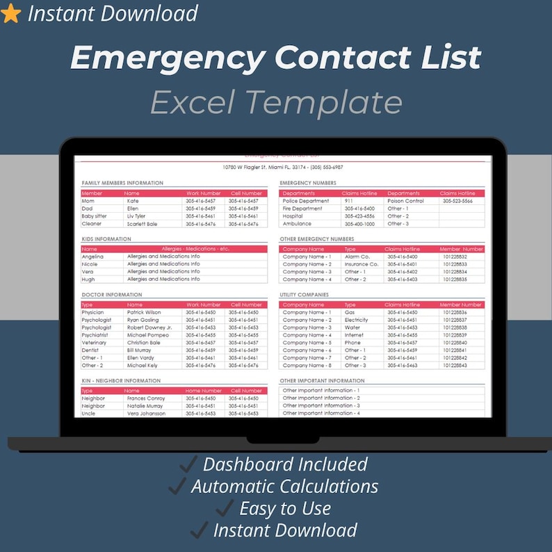 Emergency contact list Excel template for families and workplaces