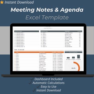 Meeting Notes Excel Template | Meeting Minutes & Agenda Tracker Spreadsheet (50 Pages)