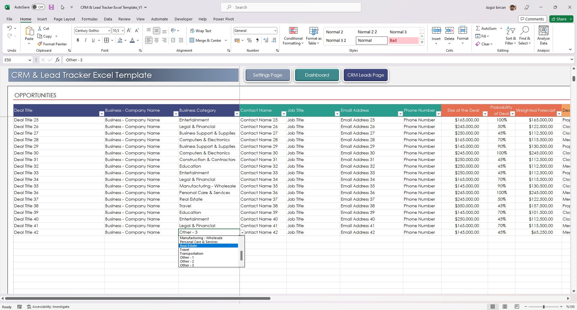 CRM & Lead Tracker Excel Template | Sales Pipeline and Client ...