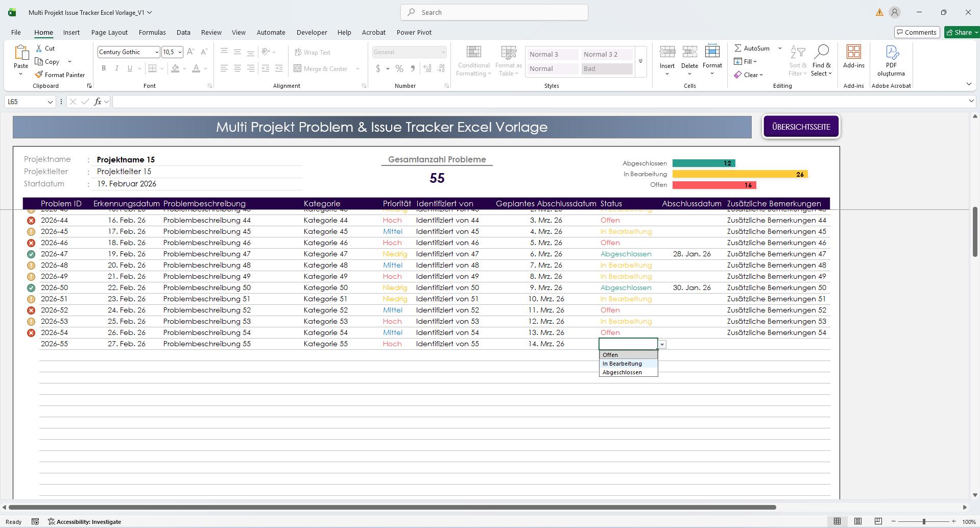 Multi-projekt Issue Tracker Excel Vorlage | Projektfehler ...