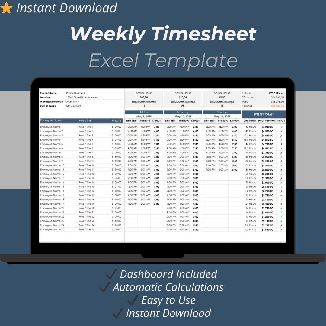Weekly Employee Timesheet & Payment Tracker Excel Template: Work Hours ...