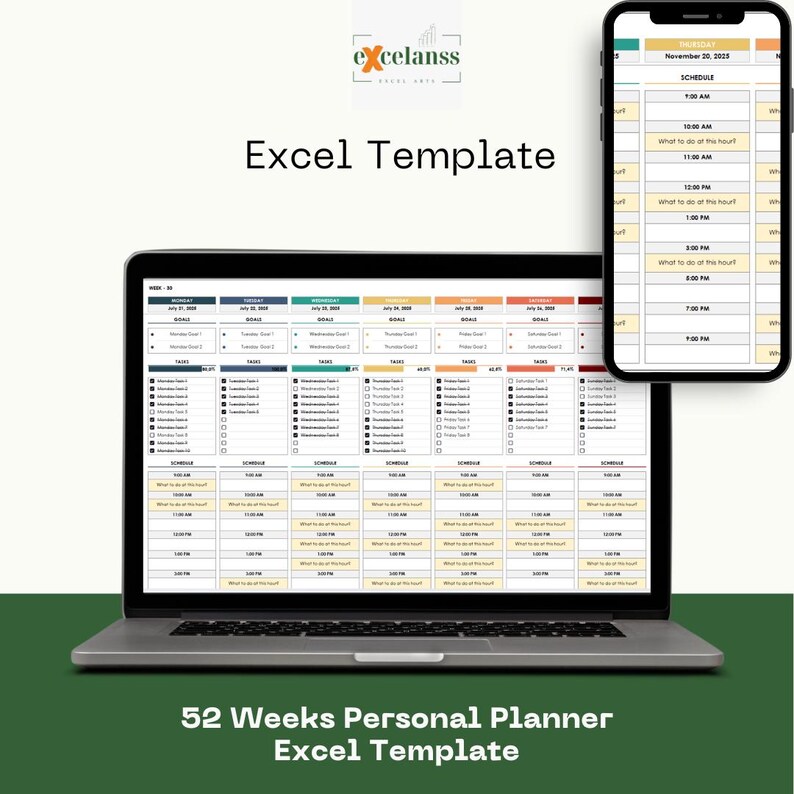 52 Weeks Personal Planner Excel Template: Weekly Goals, Tasks ...