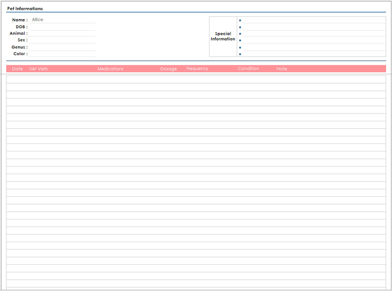 Pet health tracker spreadsheet for dogs, cats, and more