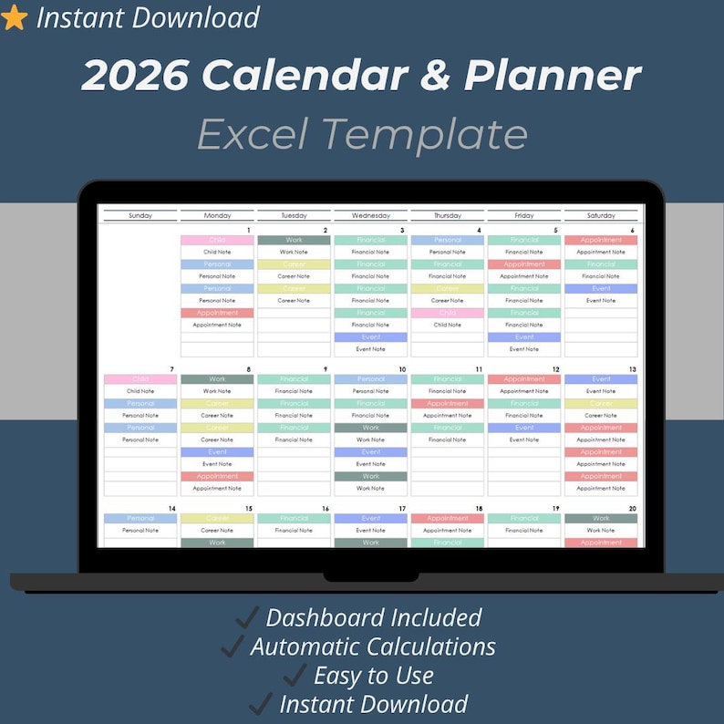 2026 calendar planner Excel template with monthly pages