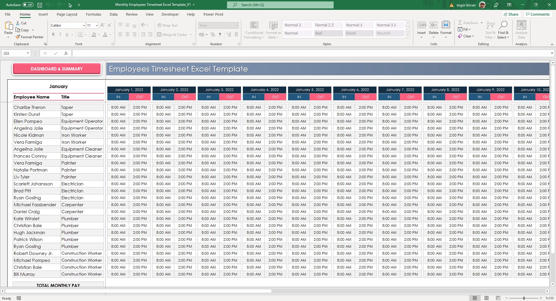 Monthly Employee Timesheet Excel Template: Automatic Work Hours ...