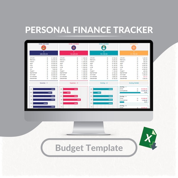 Plantilla de Excel de seguimiento de finanzas personales / Plantilla de presupuesto doméstico / Plantilla de presupuesto personal / Seguimiento de gastos de ingresos / Planificador de presupuesto