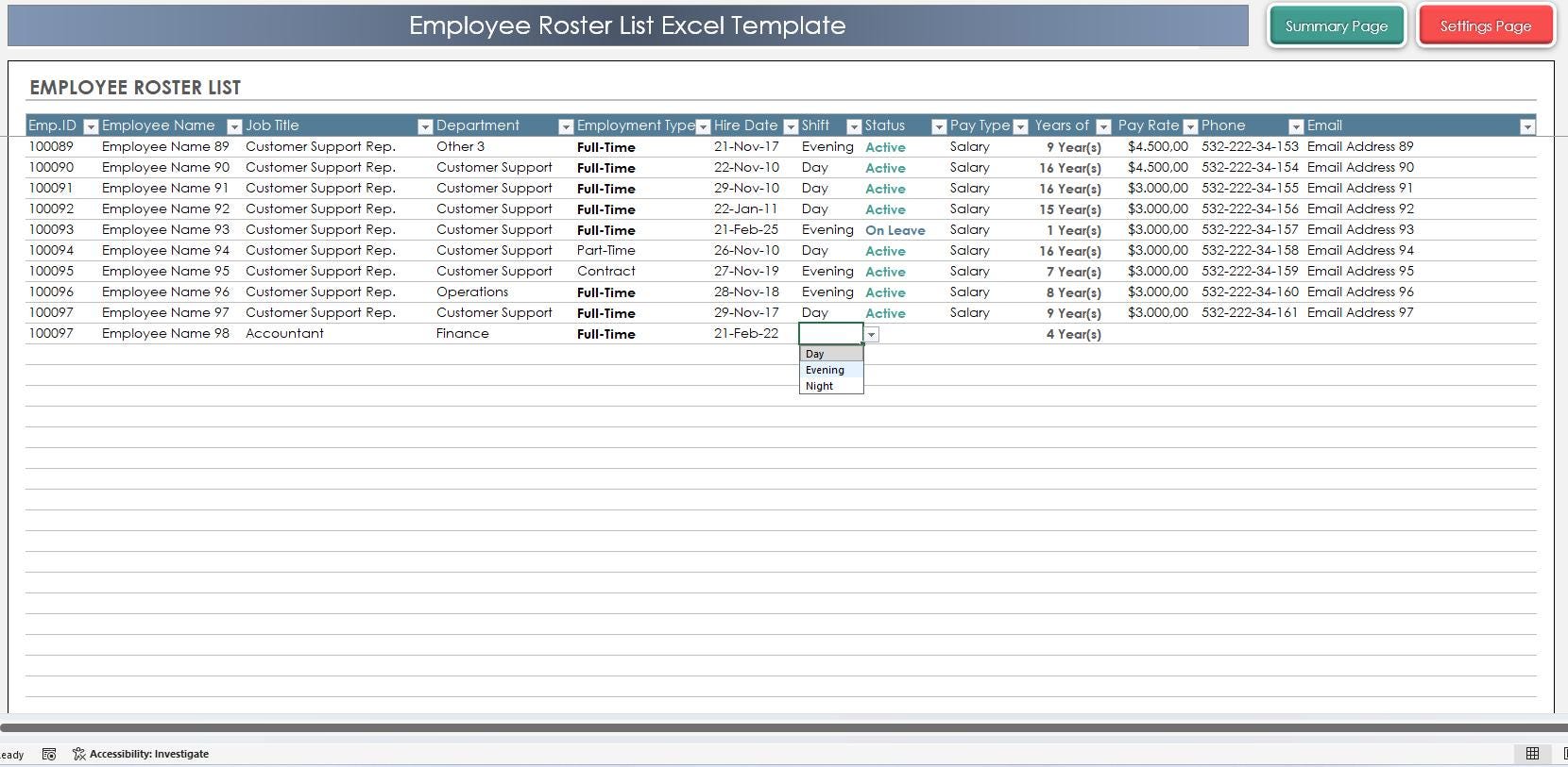 Employee Roster List Excel Template | Staff Directory & Summary ...