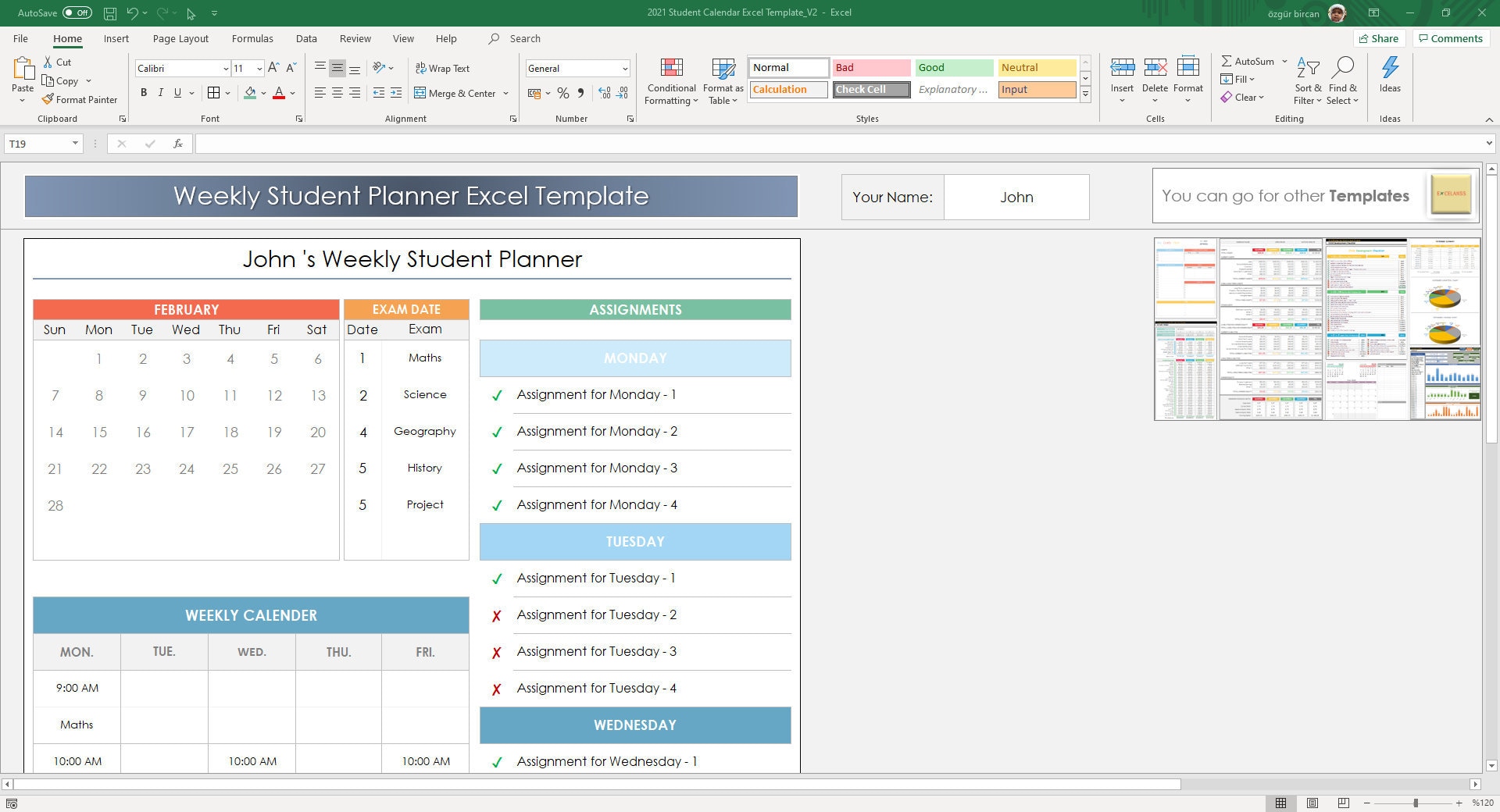 Excel Student Planner Template