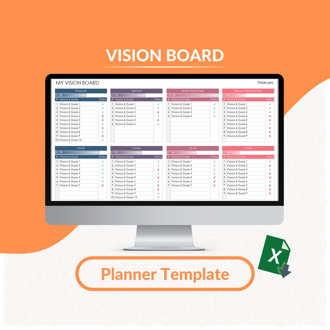 Vision Board Excel Template | Dream Board Planner | Life Goals Tracker ...