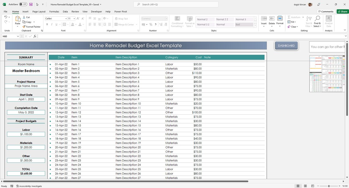 Home Renovation Home Remodel Budget Excel Template Home - Etsy