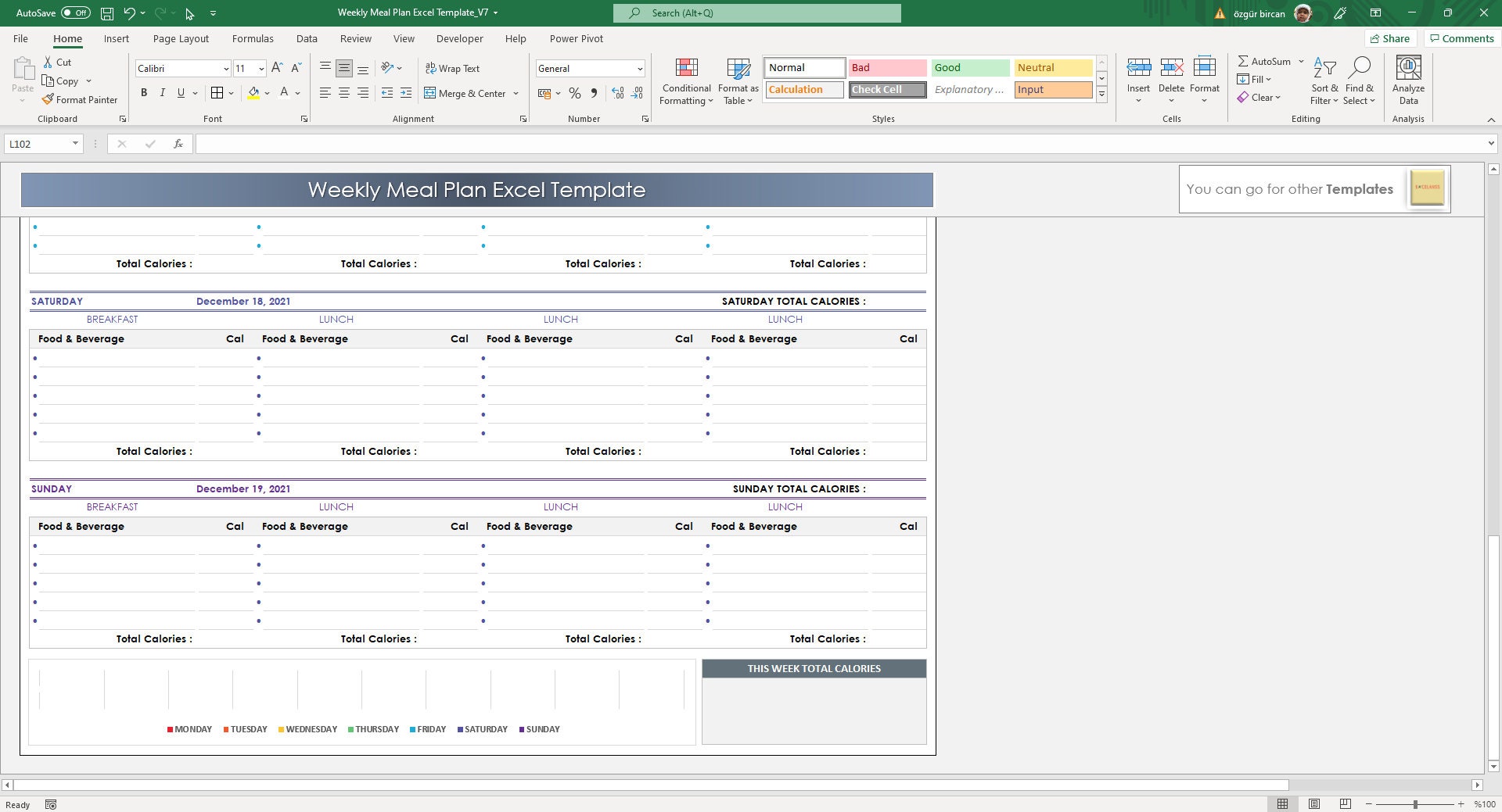 Weekly Meal Planner Excel Template | 7-day Calorie Tracker Spreadsheet ...
