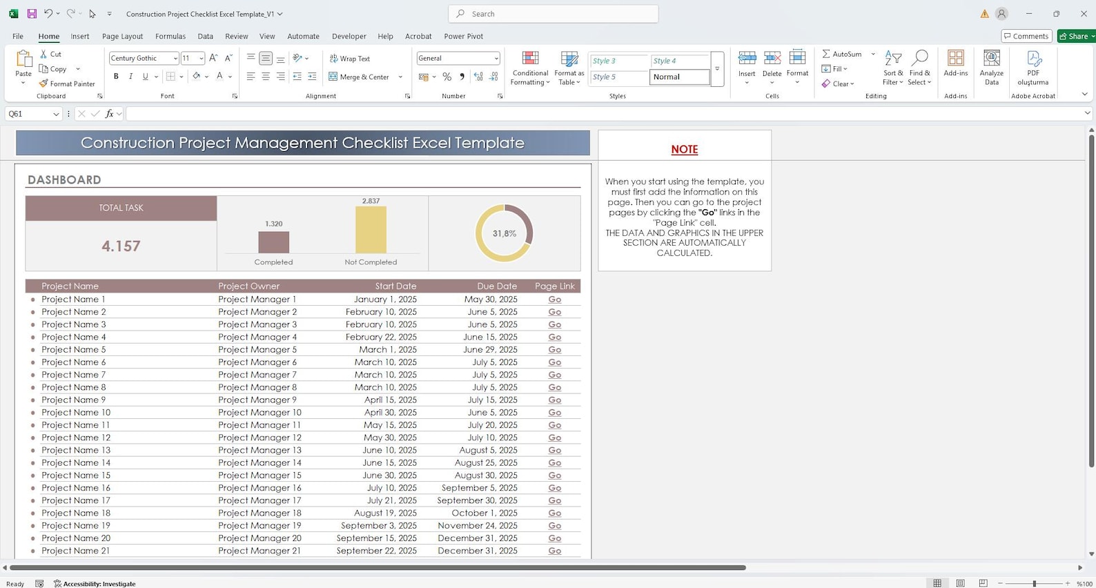 Construction Project Tracker Excel Template – Contractor Checklist ...