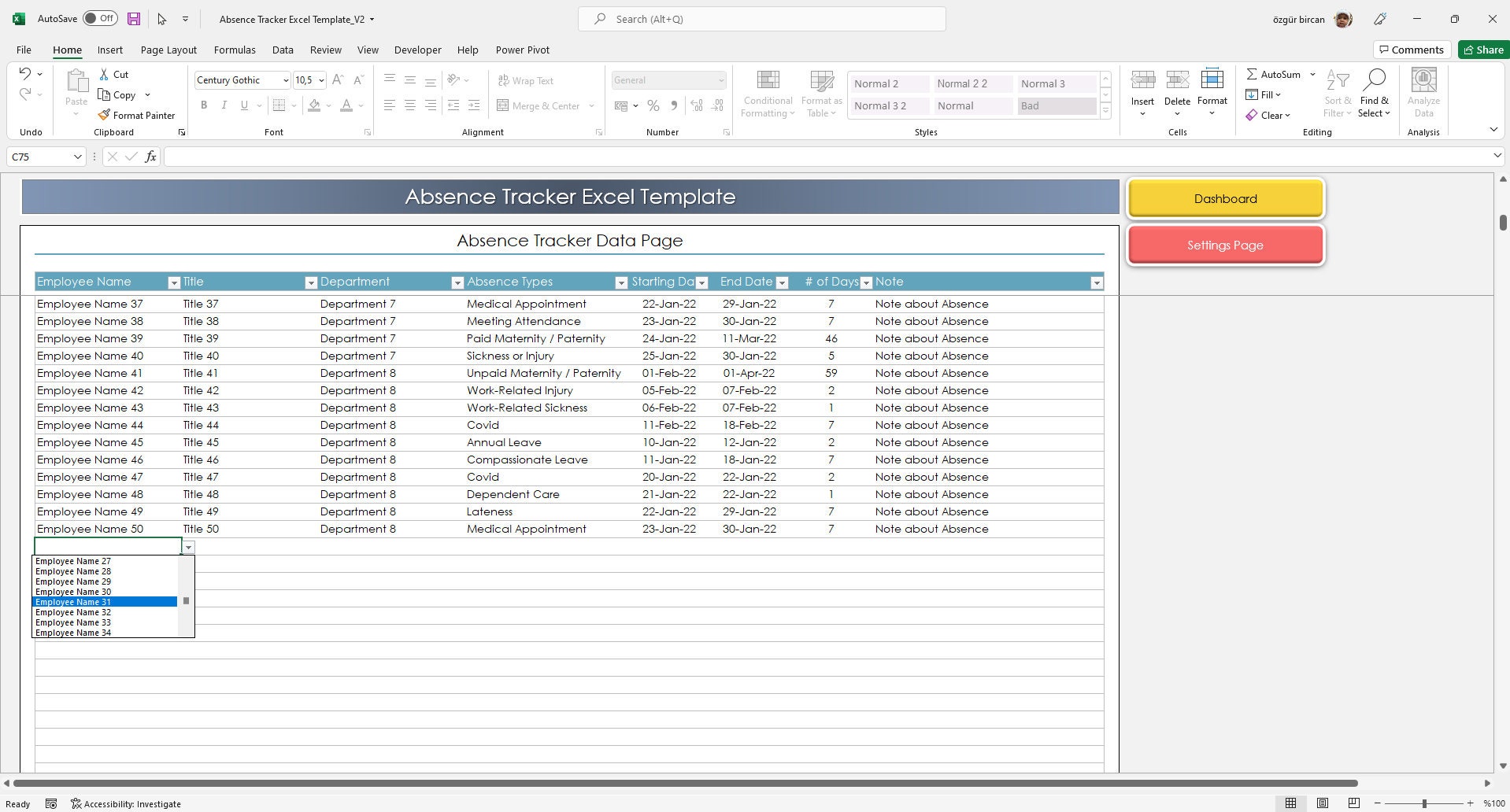 Employee Absence Tracker Excel Template: up to 50 Employees (digital ...