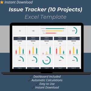 Issue Tracker Excel Template | Project Issue Log & Bug Tracking Dashboard (for 10 Projects)