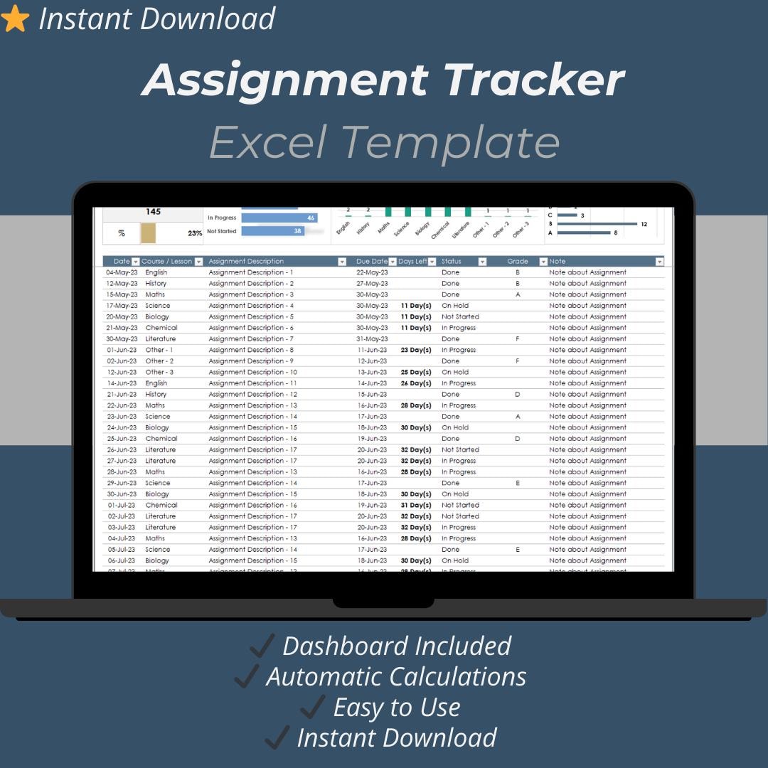 Assignment Tracker Excel Template | Student Homework Planner & Study ...