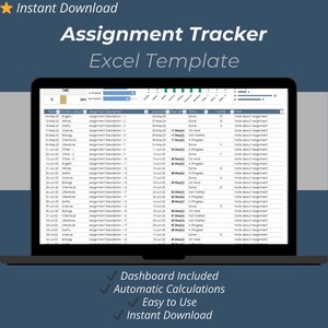 Assignment Tracker Excel Template | Student Homework Planner & Study Organizer | Task Tracker