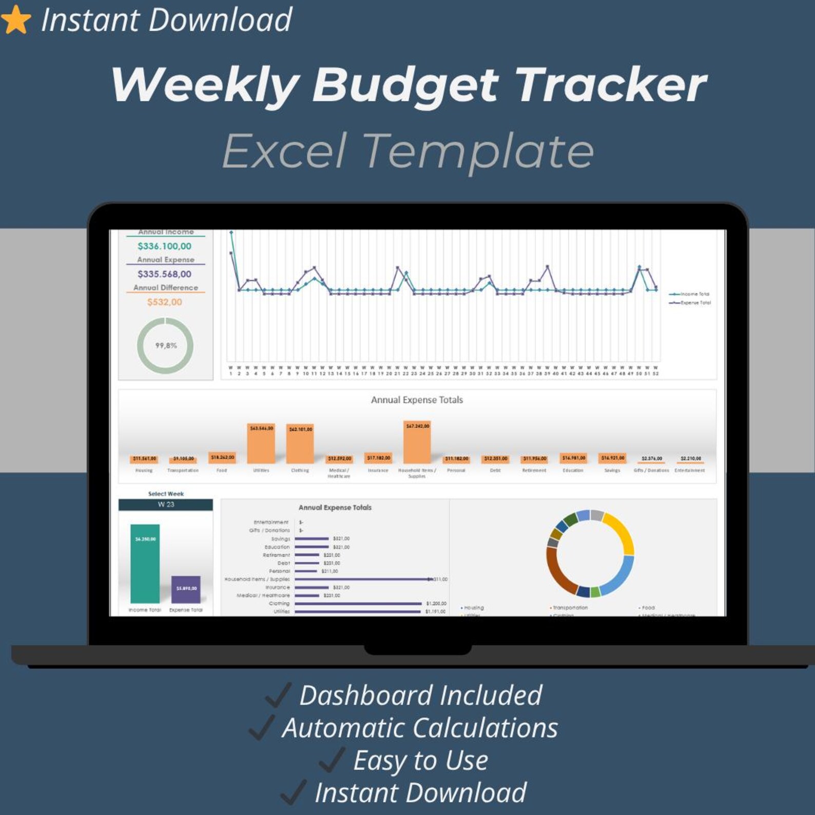 Week Data Tracker Weekly Budget Tracker Excel Template – 52 Weeks Income, Expense ...