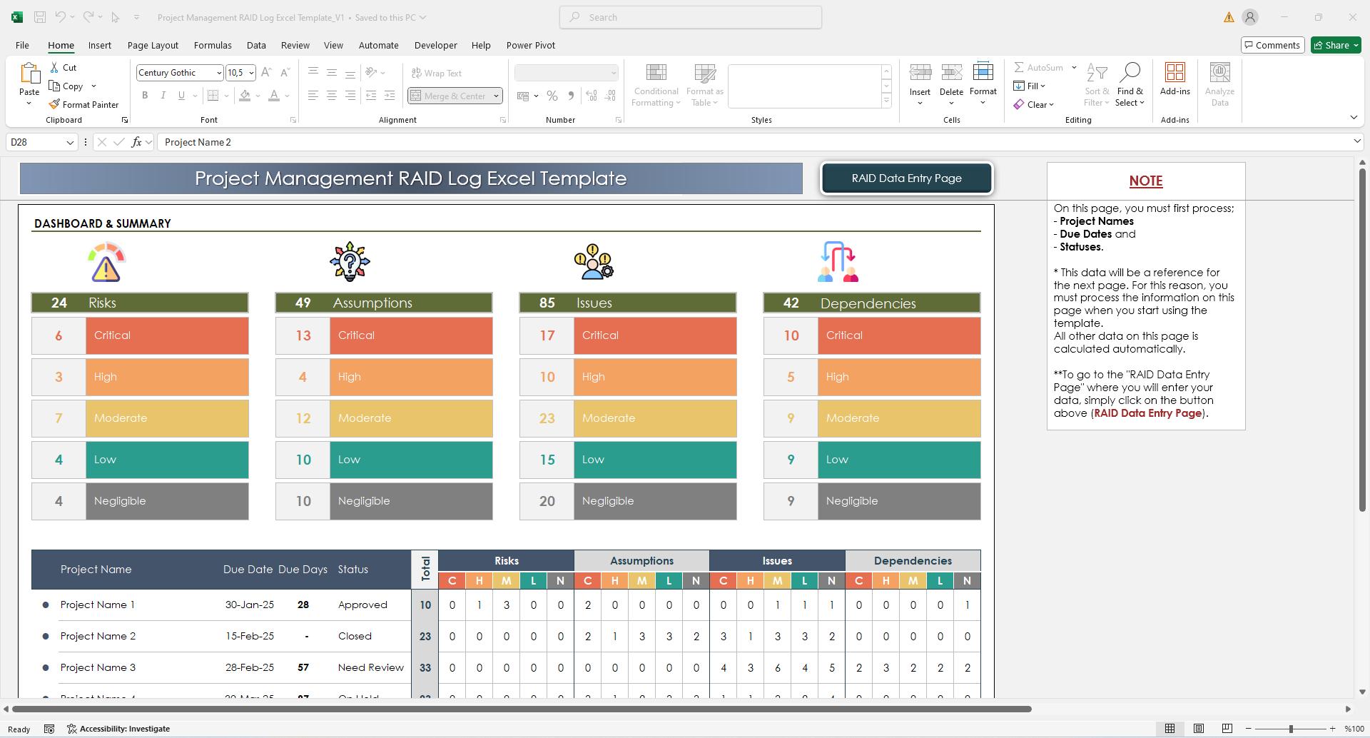 RAID Log Excel Template – Project Management Tracker for Risks, Issues ...