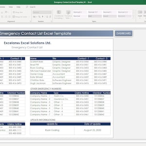 Emergency contact organizer Excel sheet with editable fields