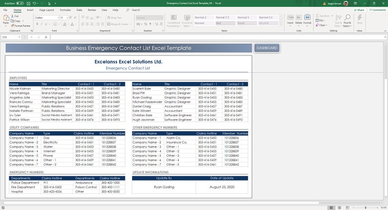 Emergency contact organizer Excel sheet with editable fields