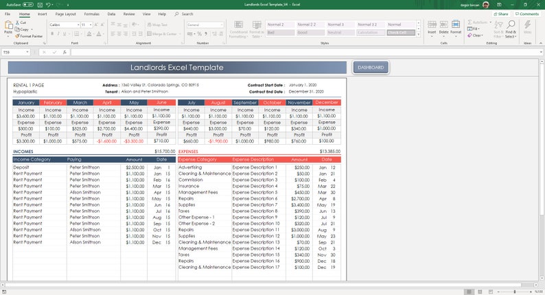 May include: A spreadsheet template for landlords to track income and expenses. The spreadsheet includes columns for monthly income, expenses, and profit, as well as a section for tracking individual income and expense categories.