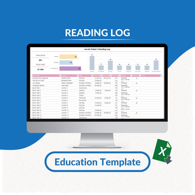 Reading Log Excel Template Reading Tracker Book Planner Etsy