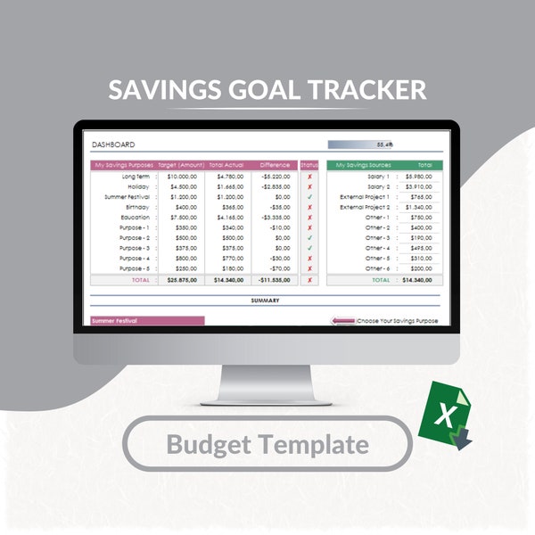 Savings Goal Tracker Excel Template | Saving Planner | Excel Saving Tracker | Budget Template | Printable Spreadsheet | Planner Worksheet