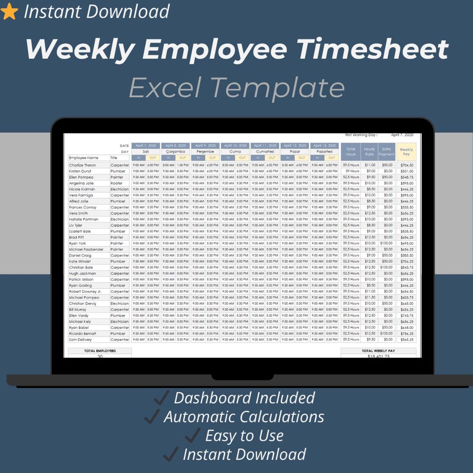Weekly Employee Timesheet Excel Template | Work Hours & Payroll Tracker ...