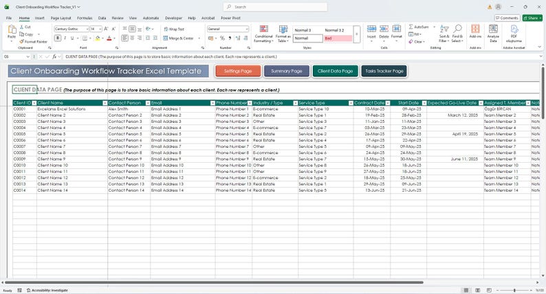 Puede incluir: Captura de pantalla de una hoja de c&aacute;lculo de Excel titulada "Client Onboarding Workflow Tracker Excel Template". La hoja de c&aacute;lculo contiene datos organizados en filas y columnas, incluyendo informaci&oacute;n del cliente, detalles del servicio y fechas. Los botones de navegaci&oacute;n est&aacute;n en la parte superior.