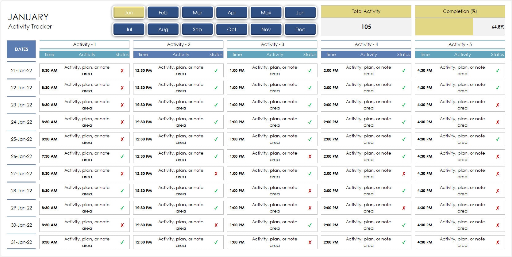 Monthly Activity Tracker Excel Template Editable Activity Etsy