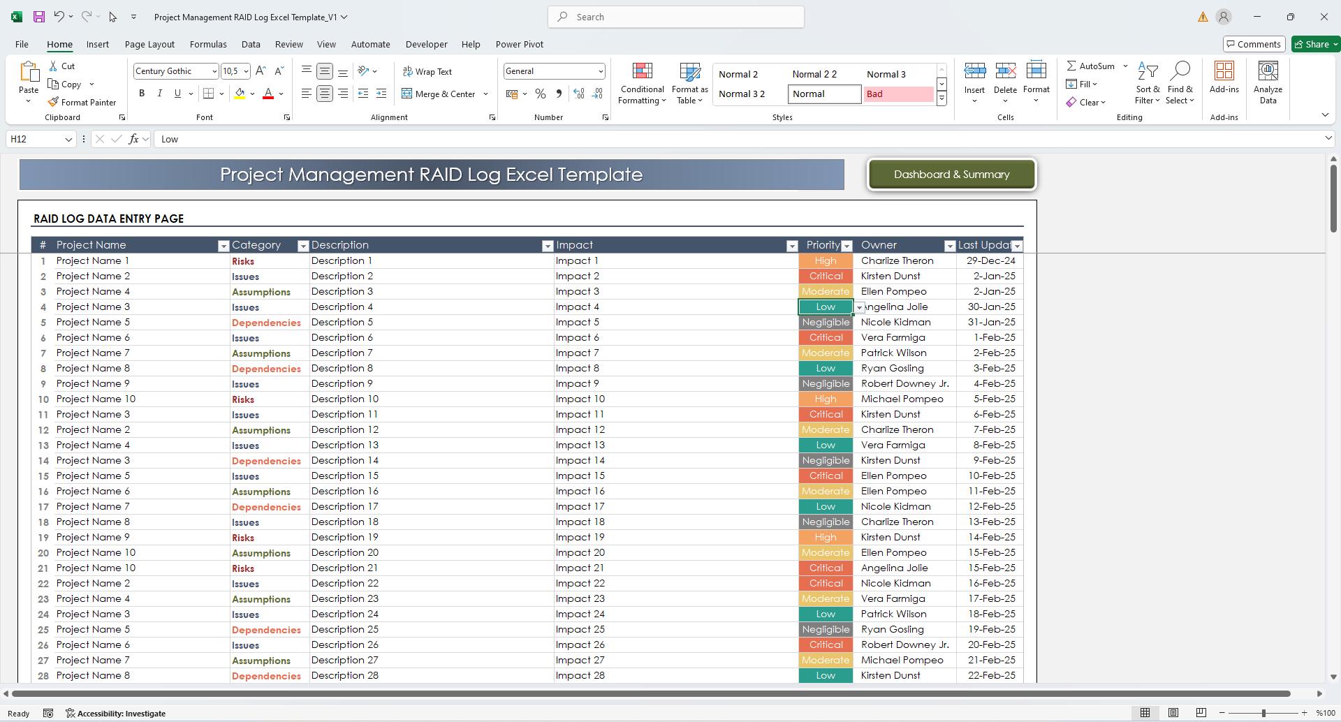 RAID Log Excel Template – Project Management Tracker for Risks, Issues ...