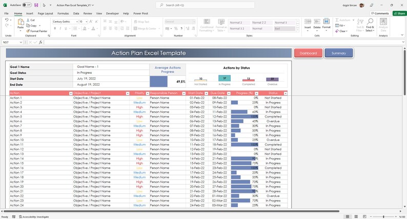 Action Plan Excel Template | Goal Tracker | Task Planner Spreadsheet ...