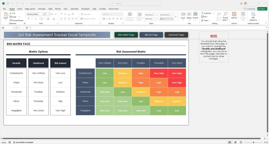5x5 Risk Matrix Excel Template | Risk Assessment & Management Tracker ...