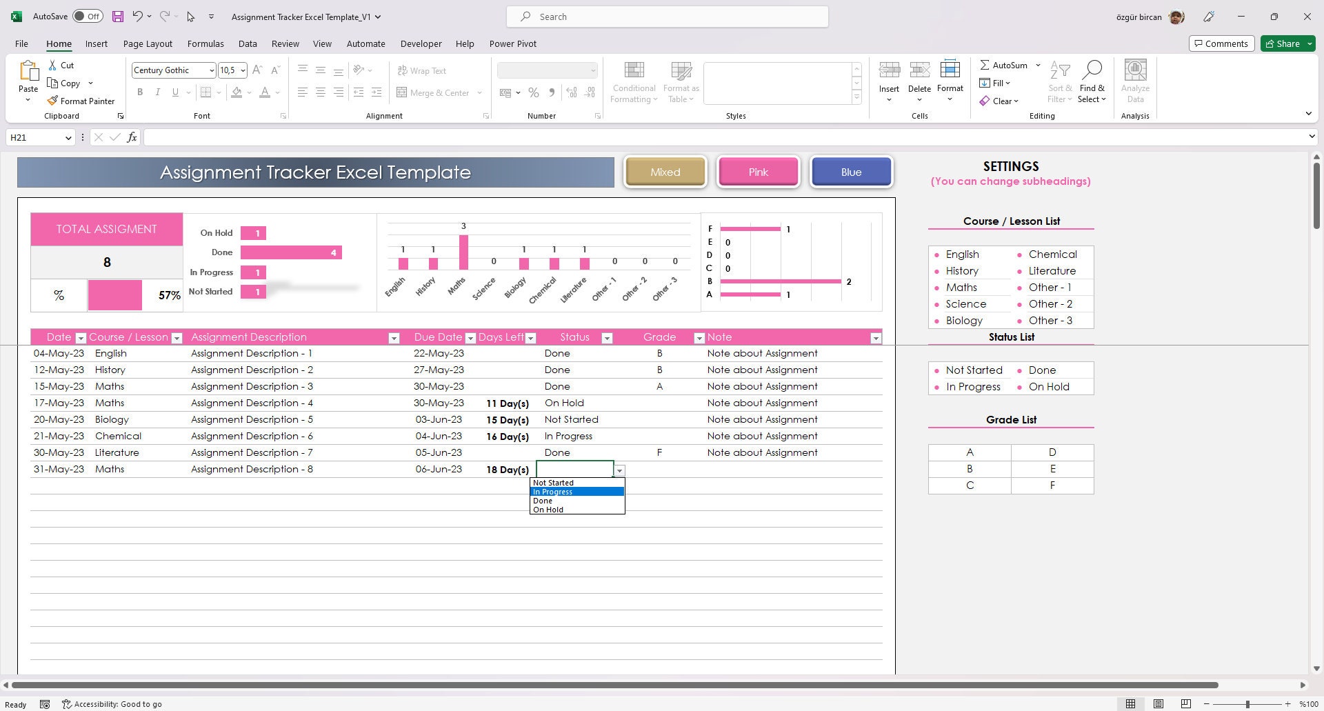 Assignment Tracker Example Excel Assignment Tracker Excel Template | Student Homework Planner & Study ...