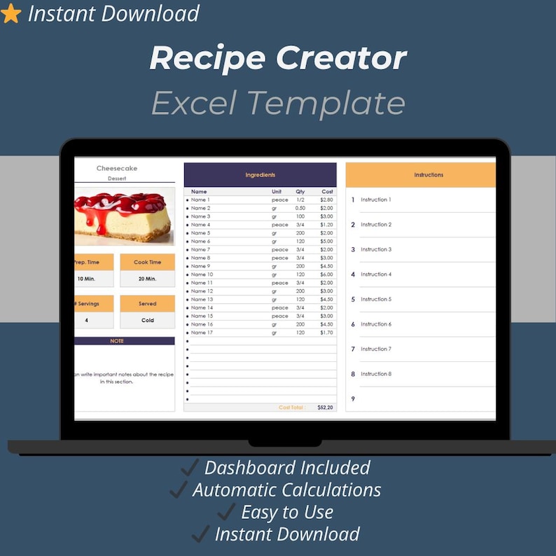 Recipe Creator Excel Template: Editable Cookbook (100 Recipes) - Etsy